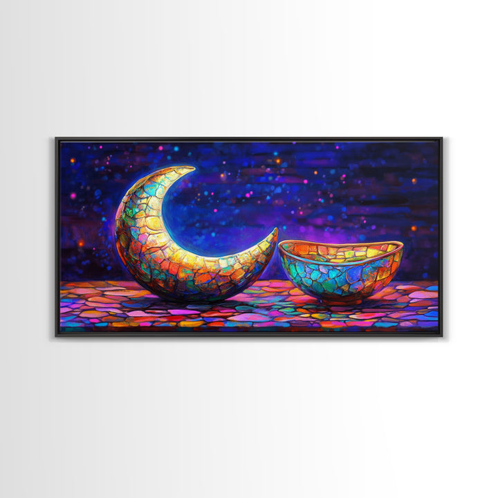 Mosaic Crescent Moon And Bowl Wall Art, Celestial Night Sky Decor, Mystical Boho Canvas, Gift For Her Home Decor, Moon Phase Art