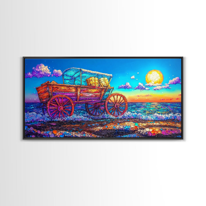 Rustic Wooden Wagon By Moonlit Ocean Wall Art, Coastal Farmhouse Decor, Country Landscape Art, Beach House Decor Gift For Her
