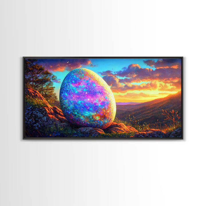 Glittering Easter Egg Mountain Sunset Canvas Print, Whimsical Wall Art, Spring Decor, Fantasy Landscape, Colorful Wall Art