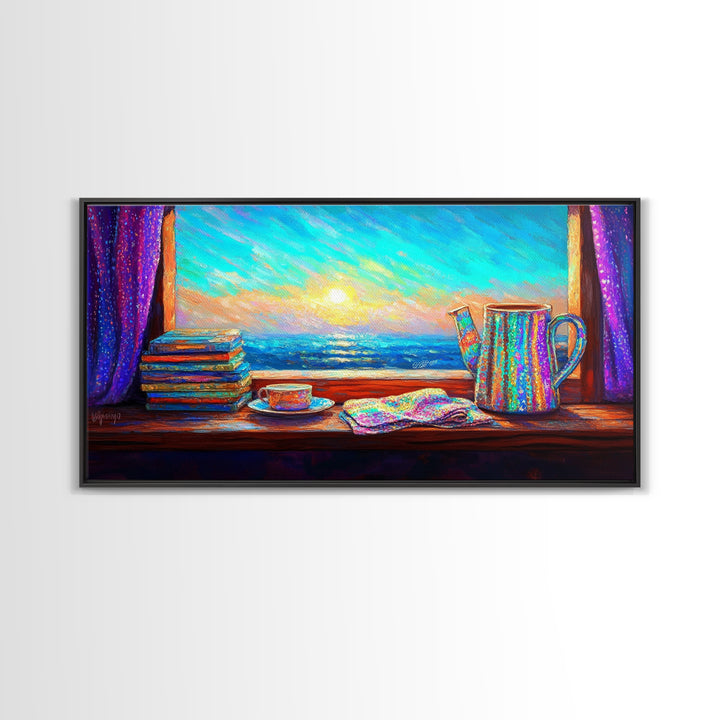 Ocean View Books And Tea By Window Canvas Print, Coastal Wall Art, Reading Nook Decor, Beach House Decor, Cozy Wall Art For Her
