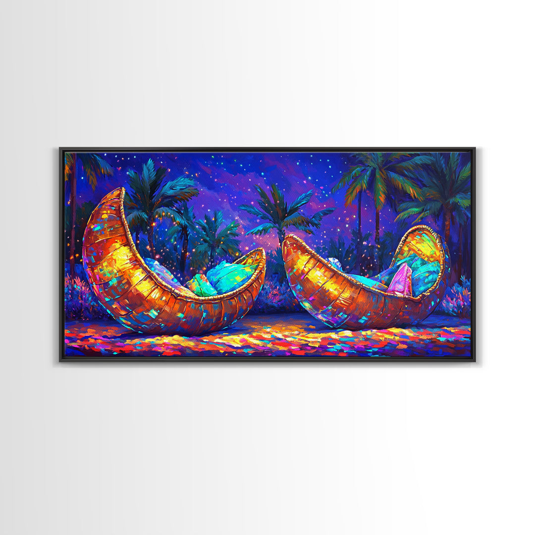 Glowing Crescent Moon Hammocks Under Palms Framed Canvas Print, Tropical Wall Art For Boho Bedroom Decor And Summer Home Decor