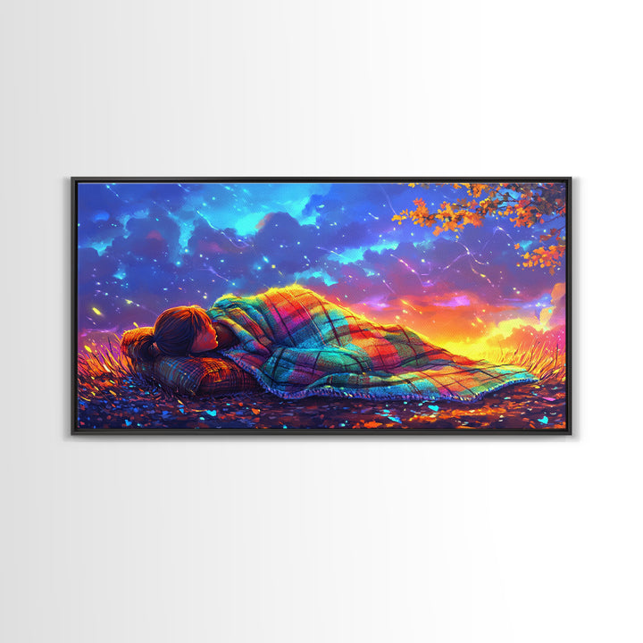 Sleeping Under Rainbow Blanket At Sunset Framed Canvas Print, Cozy Wall Art For Bedroom Decor, Calming Landscape Wall Art