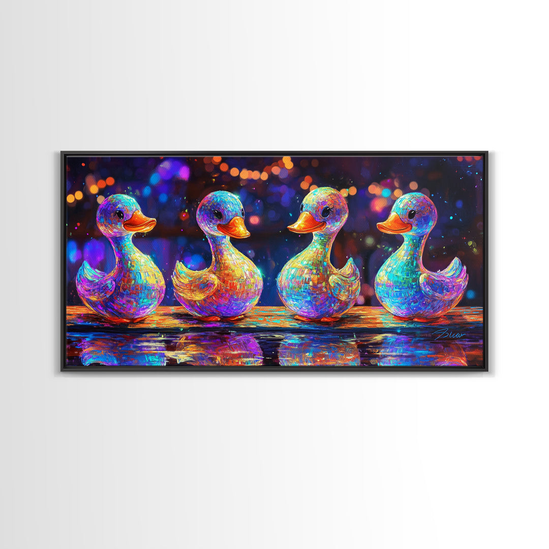 Four Rainbow Rubber Ducks In A Row Canvas Print, Whimsical Animal Wall Art For Bathroom Decor And Kids Room Decor Gift Idea