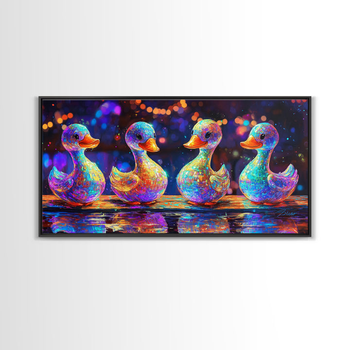 Four Rainbow Rubber Ducks In A Row Canvas Print, Whimsical Animal Wall Art For Bathroom Decor And Kids Room Decor Gift Idea