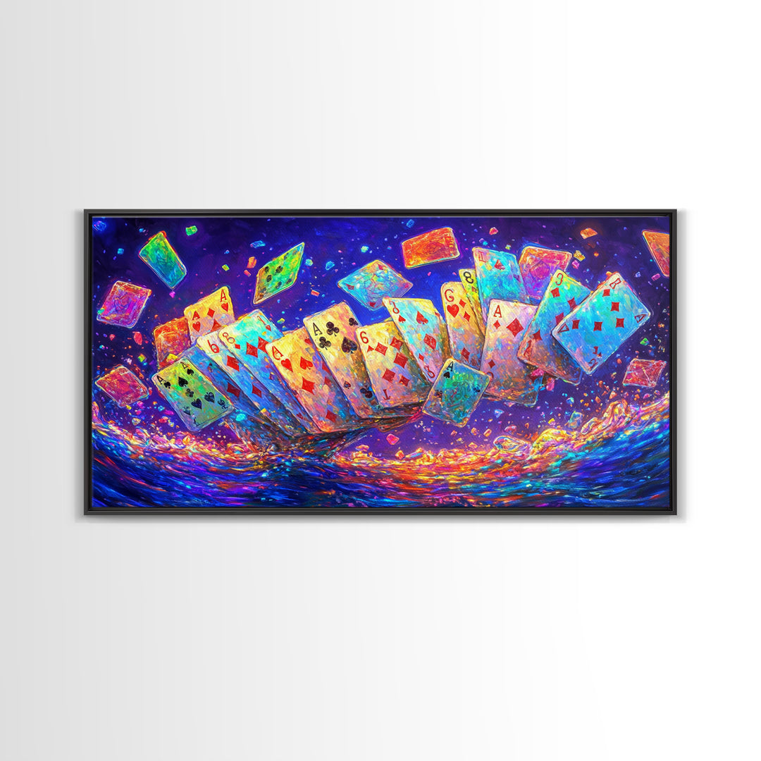 Exploding Neon Playing Cards Canvas Print, Game Room Wall Art, Poker Wall Art, Man Cave Decor, Maximalist Home Decor Gift