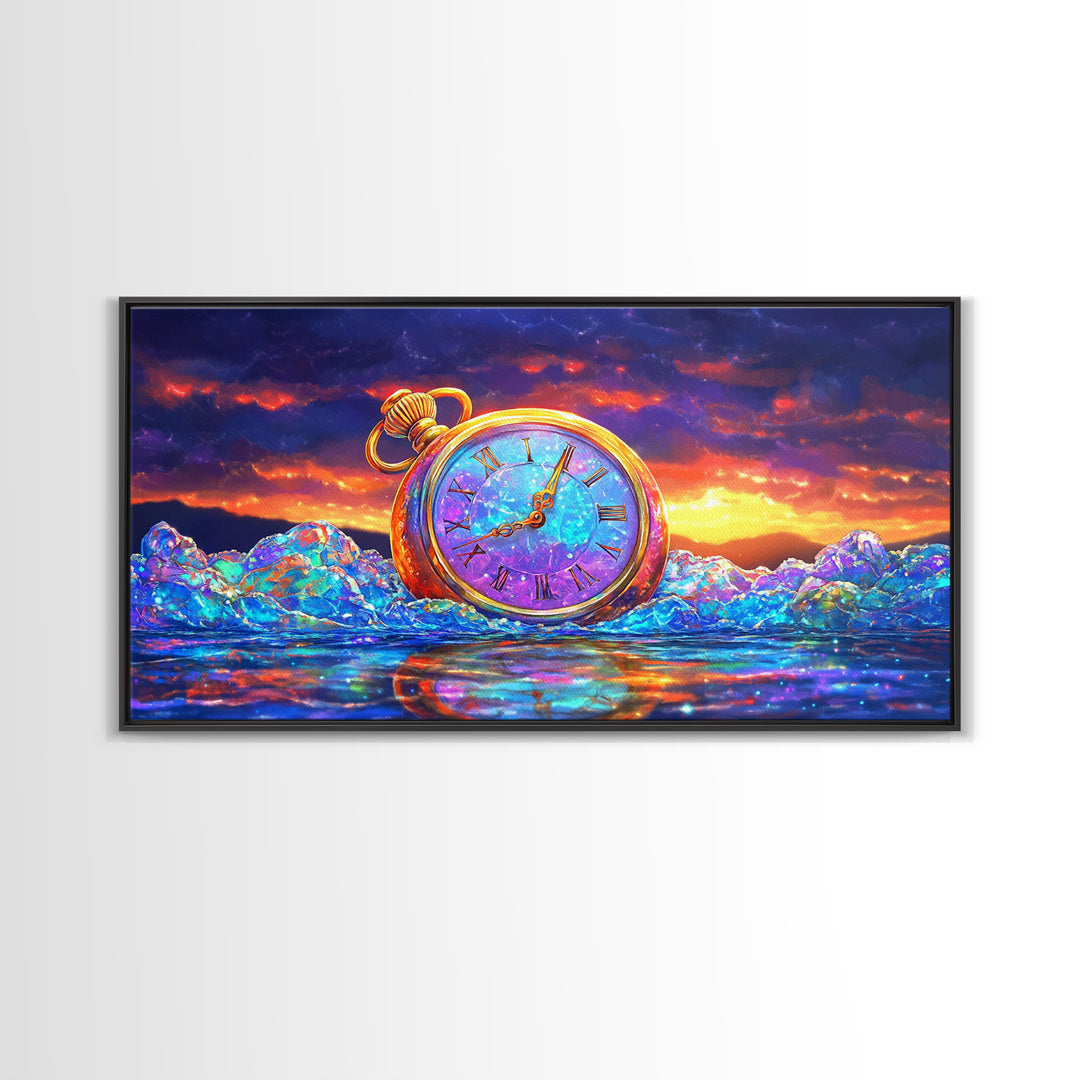 Golden Pocket Watch In Icy Sea Framed Canvas Print, Surreal Wall Art, Steampunk Decor, Time Traveler Fantasy Art Home Decor Gift