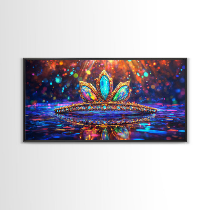 Jeweled Tiara With Rainbow Reflections Framed Canvas Print, Princess Wall Art, Glam Wall Decor, Feminine Gift For Her, Bedroom Decor