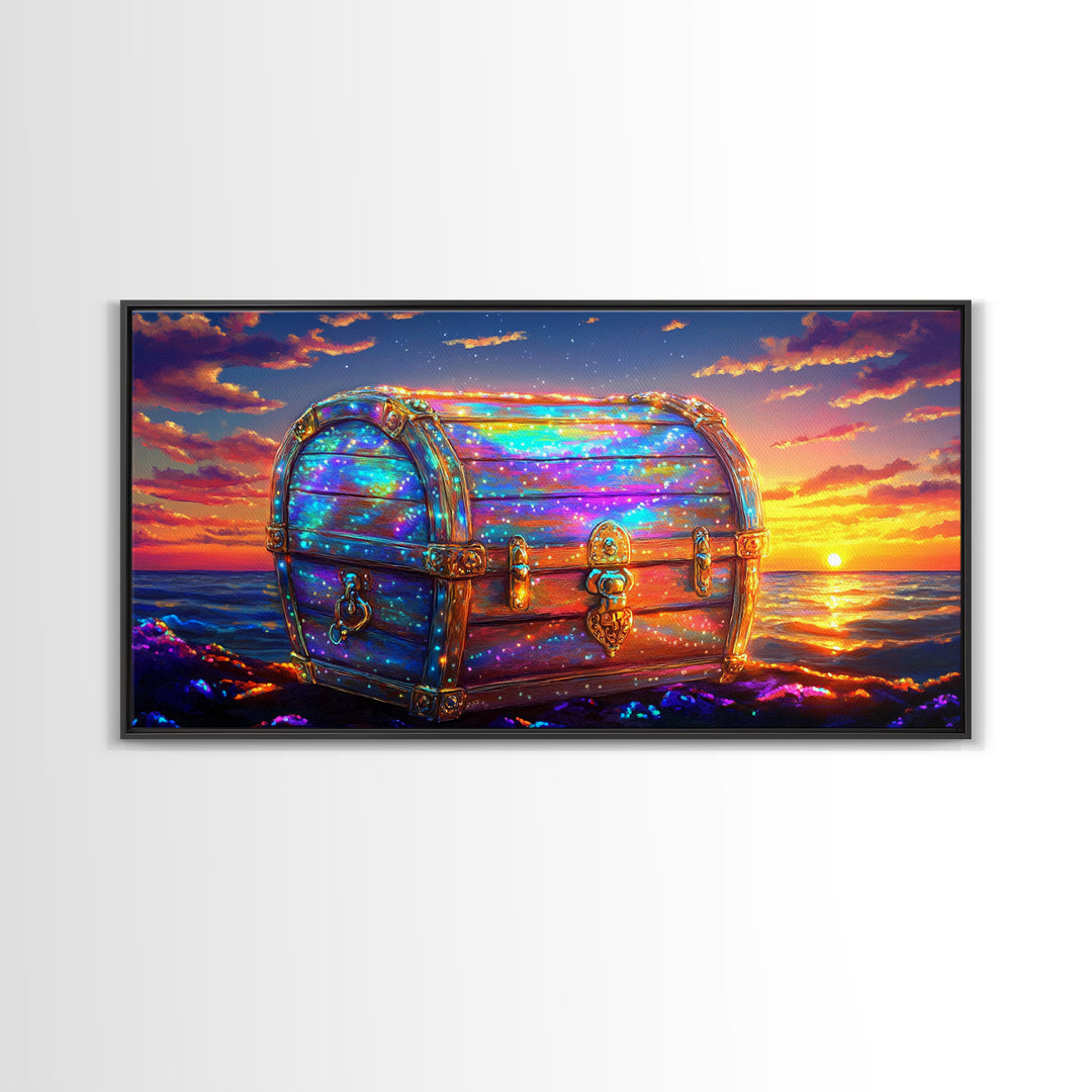 Glowing Treasure Chest At Ocean Sunset Canvas Print, Fantasy Wall Art, Coastal Decor, Adventure Gift, Beach House Decor Art