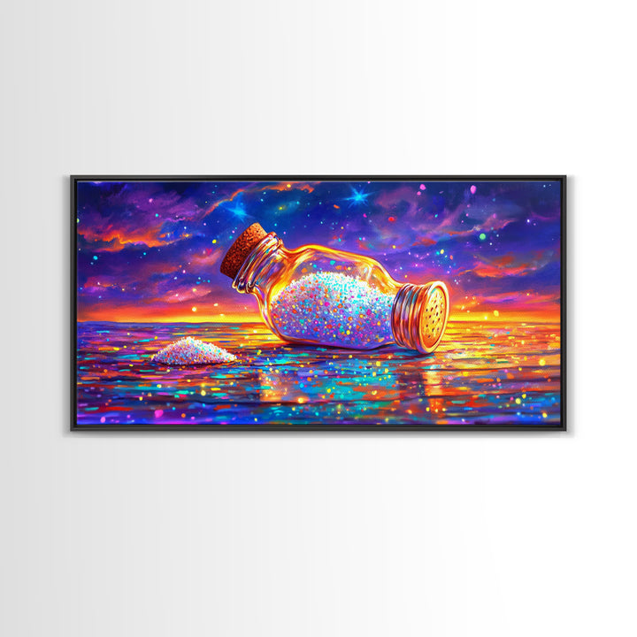 Sparkling Salt Bottle At Sunset Canvas Print, Coastal Kitchen Wall Art, Colorful Seascape Decor, Foodie Housewarming Gift