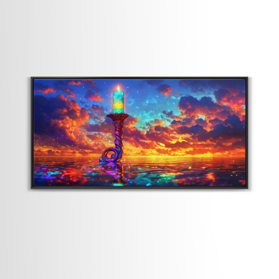 Glowing Candle Over Sunset Ocean Wall Art, Coastal Seascape Painting, Spiritual Home Decor, Calming Living Room Wall Decor