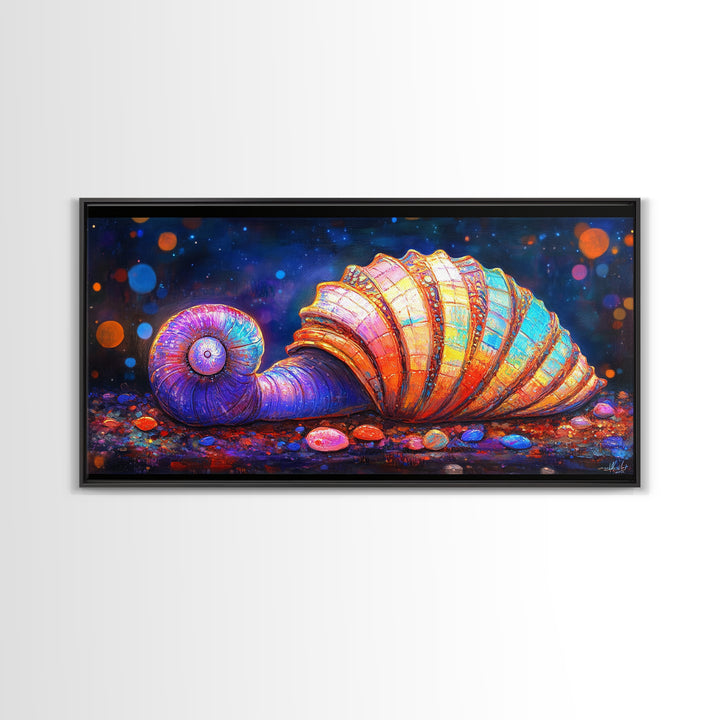 Glowing Spiral Seashell On Pebble Shore Canvas Print, Nautical Coastal Wall Art, Beach House Decor, Ocean Life Art Print