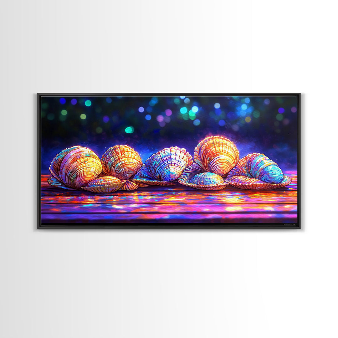 Glowing Clam Shells On Neon Table Canvas Print, Colorful Coastal Wall Art, Beach House Decor, Nautical Gallery Wall Art