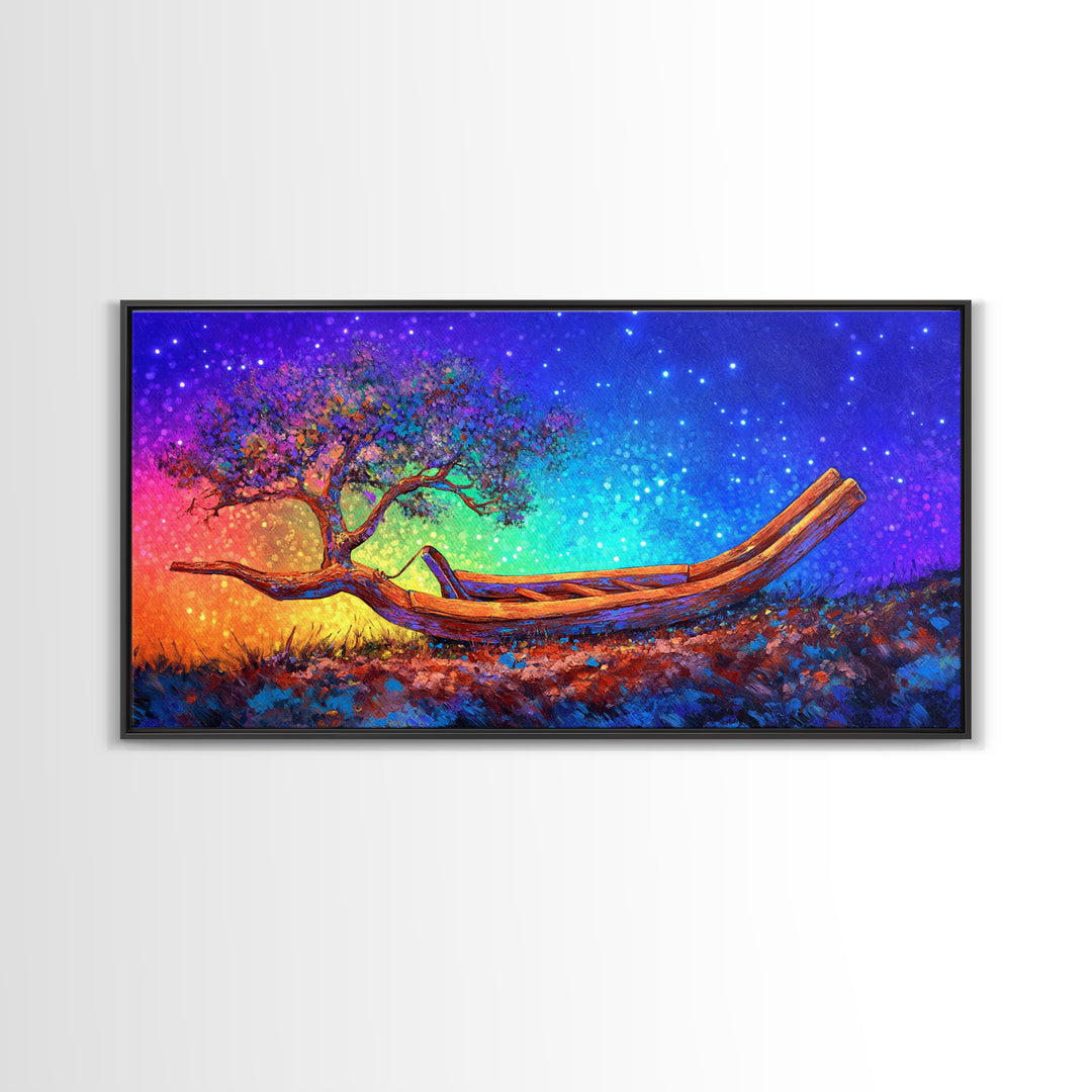 Wooden Canoe With Tree Under Stars Canvas Print, Whimsical Wall Art, Nature Wall Decor, Celestial Art, Unique Gift, Home Decor