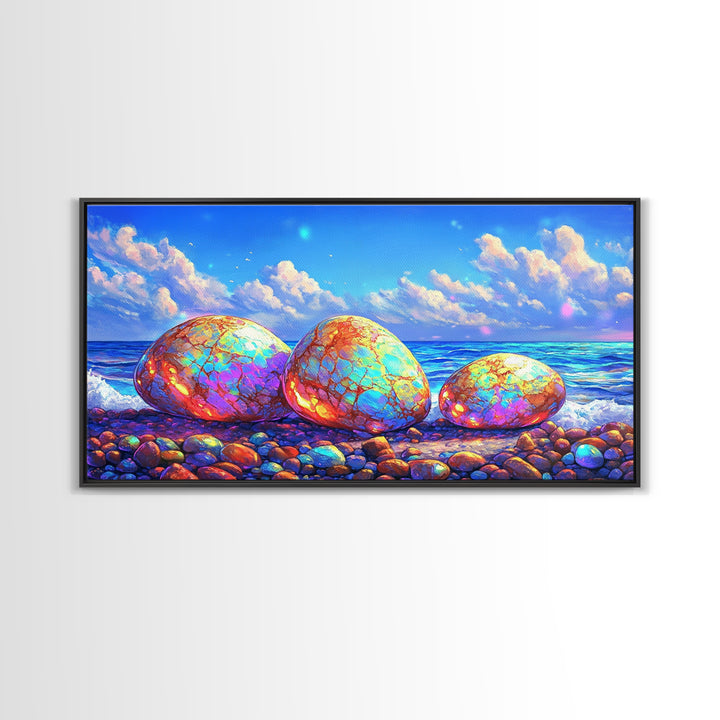 Iridescent Pebbles On Sunny Beach Canvas Print, Coastal Wall Art, Ocean Art Print, Beach House Decor, Colorful Nature Art