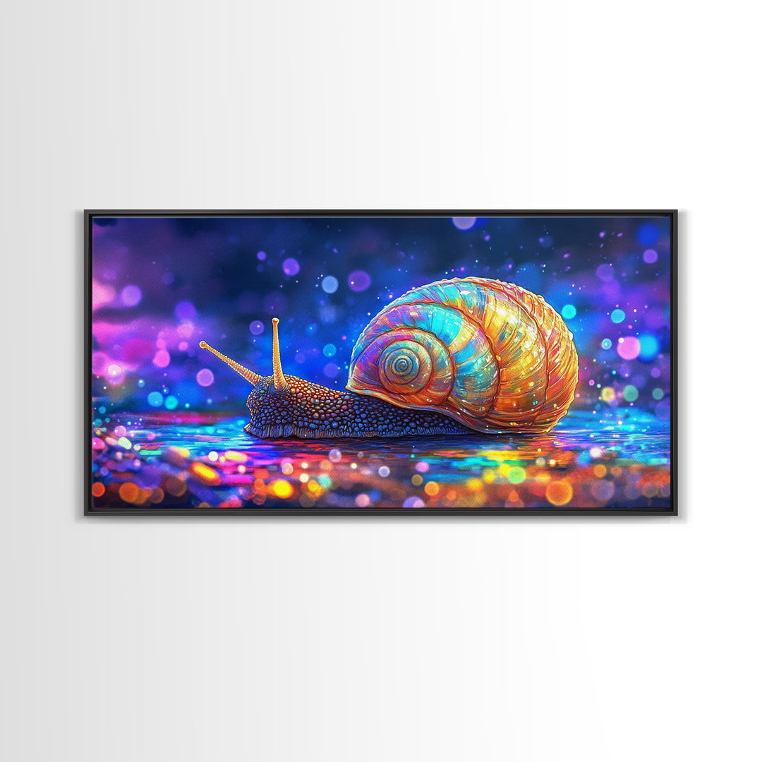 Glowing Rainbow Snail On Wet Ground Wall Art, Whimsical Animal Art Print, Nature Wall Art, Dopamine Decor, Unique Gift For Her