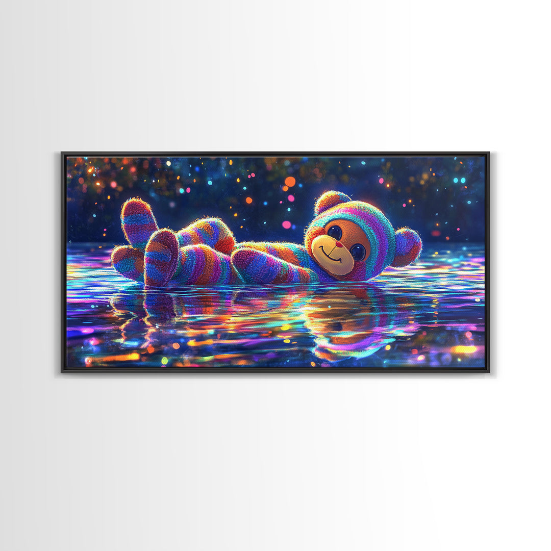 Rainbow Plush Teddy Bear On Reflective Water Wall Art, Cute Kids Room Art, Nursery Wall Art, Dopamine Decor, Baby Gift For Her