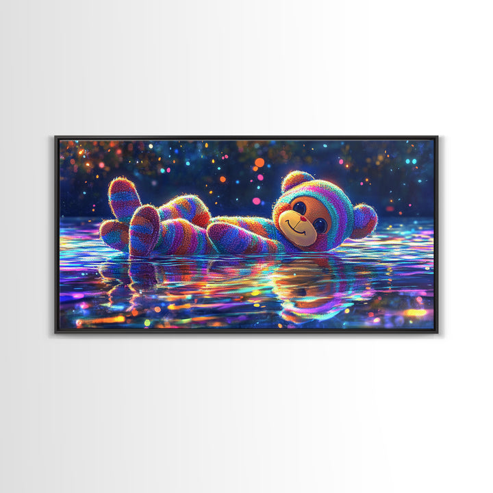 Rainbow Plush Teddy Bear On Reflective Water Wall Art, Cute Kids Room Art, Nursery Wall Art, Dopamine Decor, Baby Gift For Her