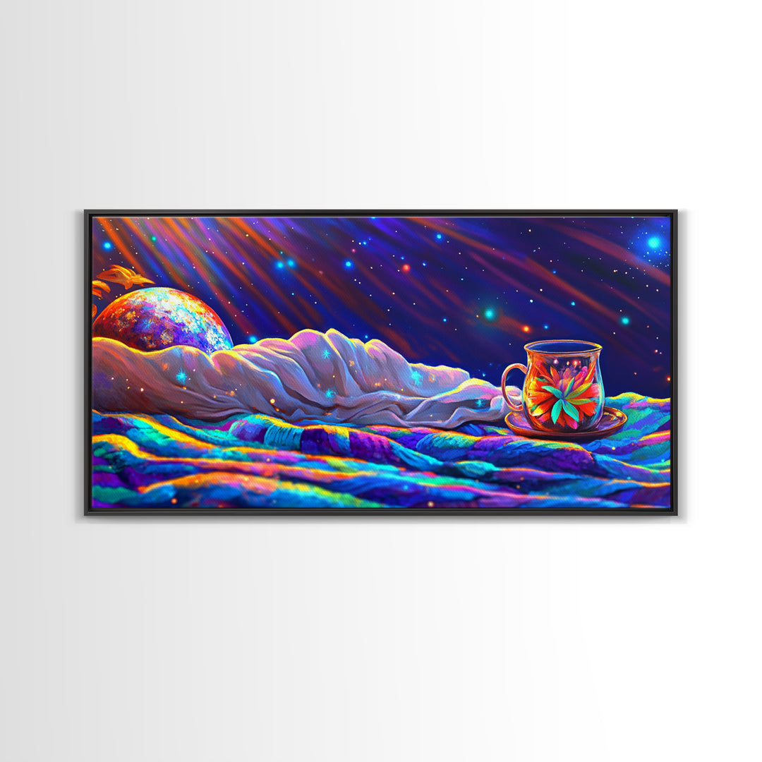 Celestial Bed And Tea Cup Under Stars Canvas Print, Cozy Bedroom Wall Art, Moon And Stars Decor, Dreamy Nursery Decor, Gift For Her