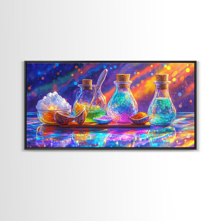 Rainbow Glass Spice Bottles With Salt And Citrus Canvas Print, Kitchen Wall Art, Colorful Decor, Food Art, Housewarming Gift
