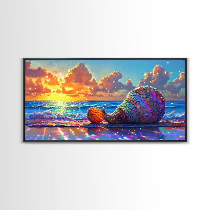 Mosaic Mermaid Tail Seashell At Ocean Sunset Canvas Print, Coastal Wall Art, Beach House Decor, Nautical Decor, Gift For Her