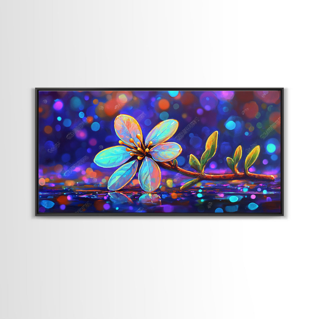 Delicate Blue Flower Branch With Bokeh Lights Canvas Print, Botanical Wall Art, Floral Wall Decor, Nature Art, Gift For Her