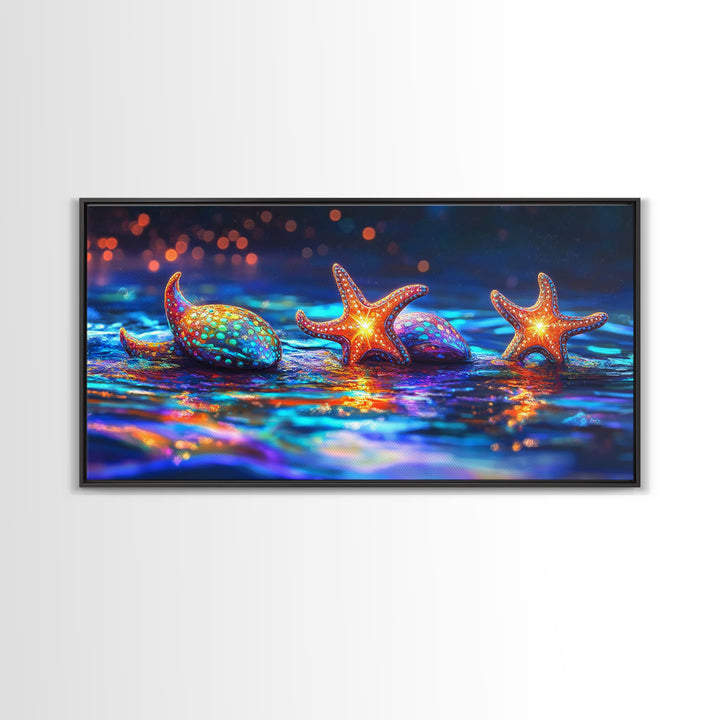 Glowing Starfish And Seashells On Neon Tide Canvas Print, Coastal Wall Art, Ocean Decor, Beach House Gift For Her, Living Room Decor