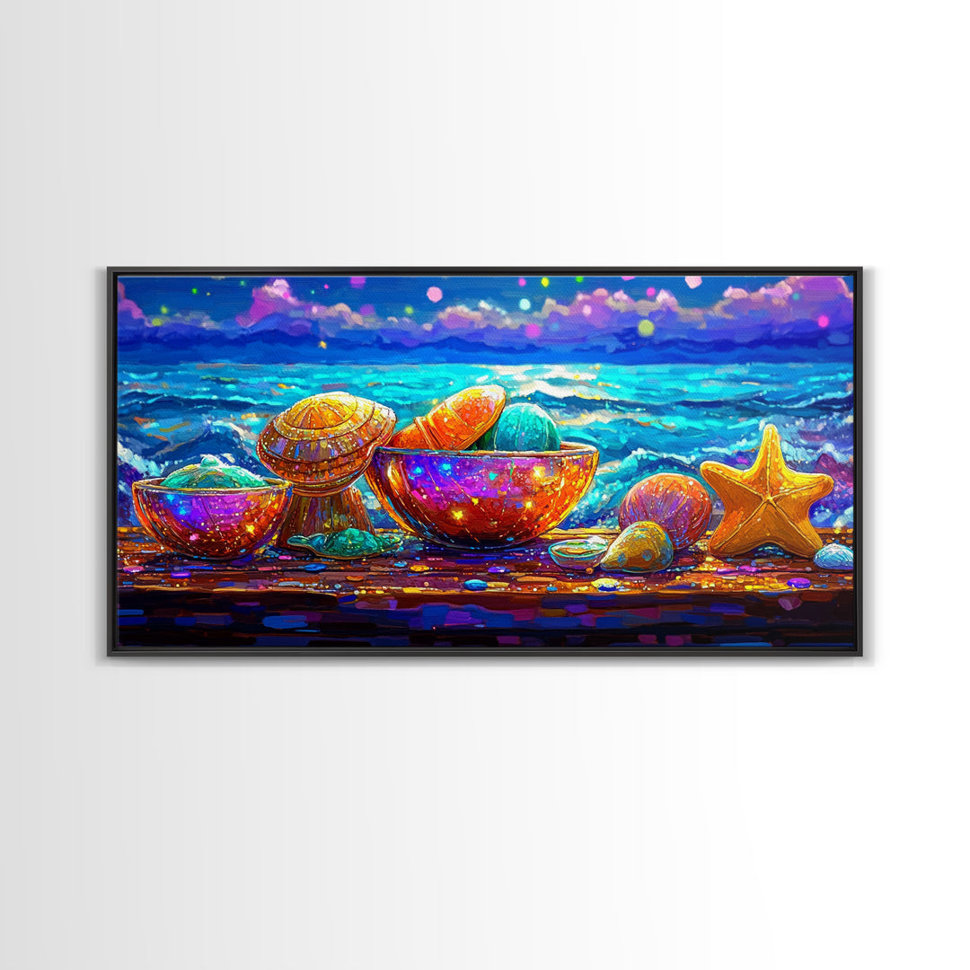 Rainbow Seashells And Starfish By Ocean Canvas Print, Coastal Wall Art, Beach House Decor, Nautical Living Room Art, Ocean Wall Decor