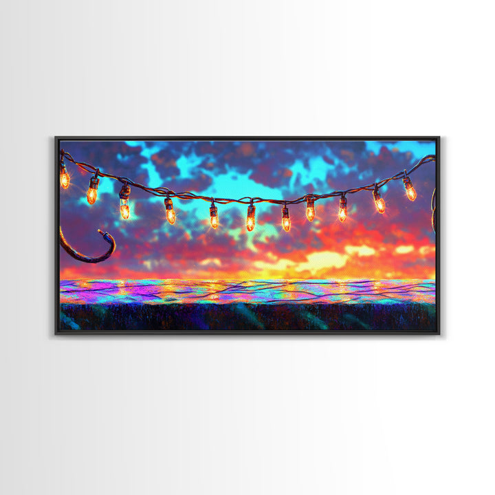 String Lights Over Sunset Patio Canvas Print, Outdoor Wall Art, Patio Decor, Rustic Home Decor, Summer Wall Decor, Gift For Her