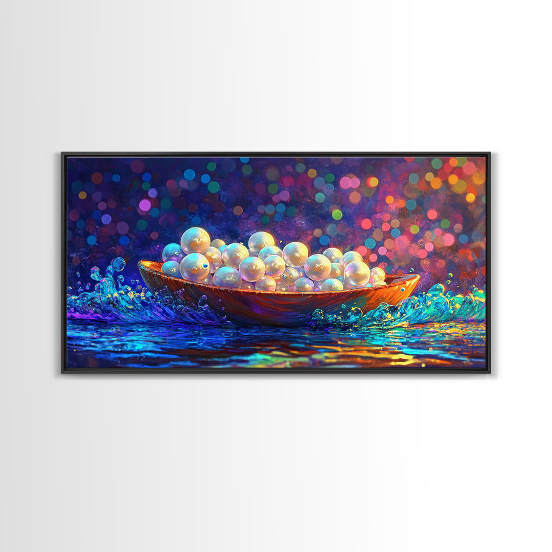 Glowing Pearls In Wooden Bowl Canvas Print, Coastal Wall Art, Ocean Decor, Elegant Bathroom Art, Luxury Home Decor, Gift For Her