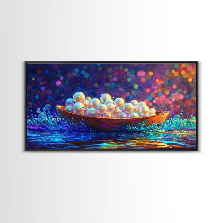 Glowing Pearls In Wooden Bowl Canvas Print, Coastal Wall Art, Ocean Decor, Elegant Bathroom Art, Luxury Home Decor, Gift For Her