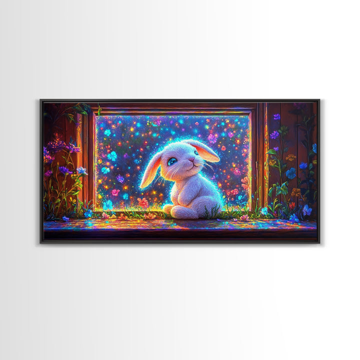 Glowing Bunny In Flower Window Canvas Print, Whimsical Wall Art, Nursery Decor, Kids Room Art, Cute Animal Gift, Baby Room Decor