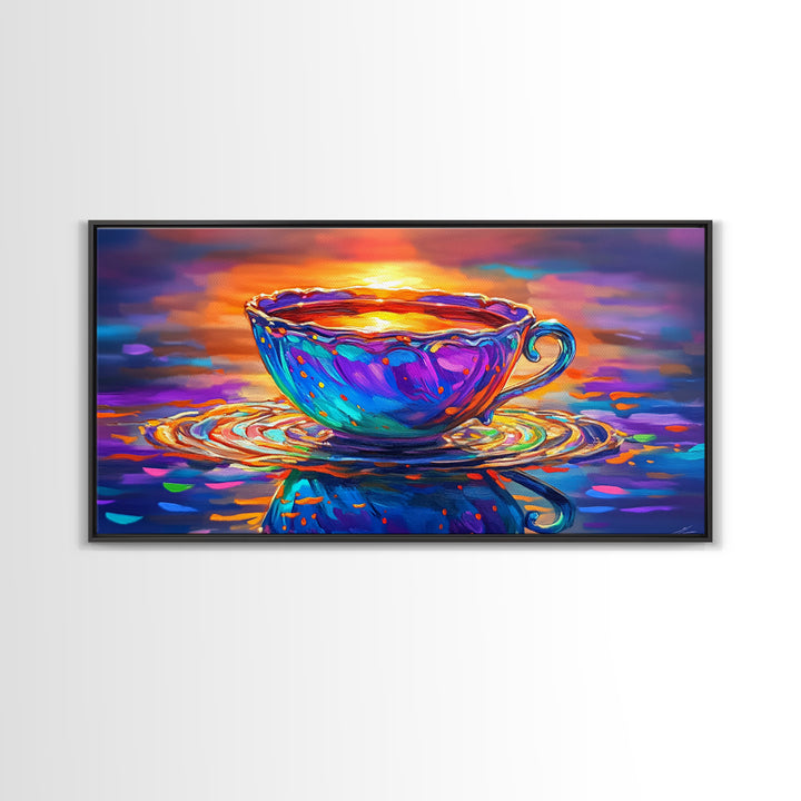Vibrant Teacup At Sunset Reflection Framed Canvas Print, Cozy Kitchen Wall Art, Coffee Bar Decor, Gift For Tea Lover, Home Decor