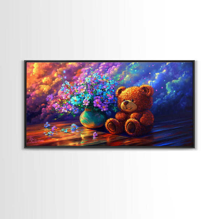 Smiling Teddy Bear With Colorful Wildflowers Canvas Print, Whimsical Nursery Wall Art, Kids Room Decor, Baby Shower Gift