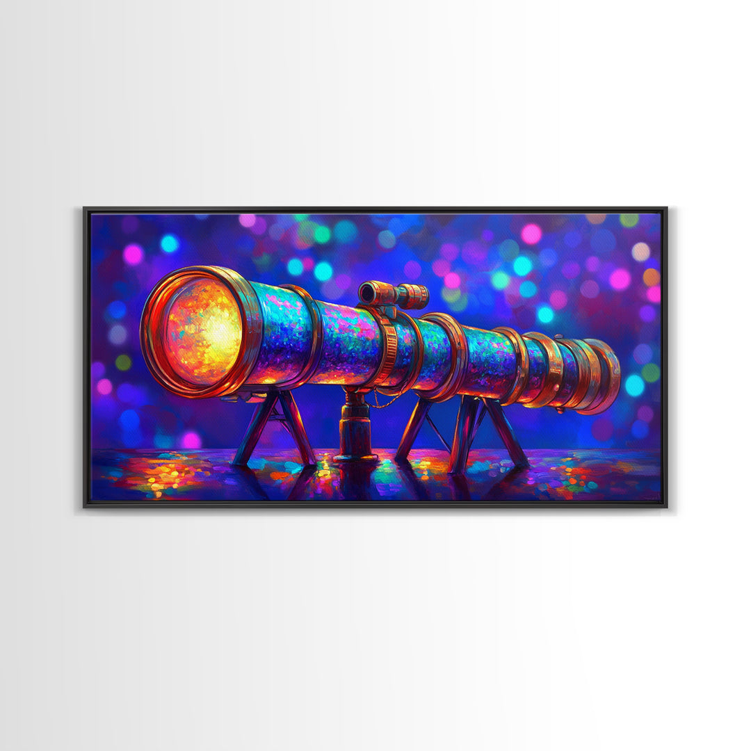 Rainbow Telescope With Cosmic Bokeh Wall Art, Astronomy Decor, Space Lover Canvas Print, Science Poster Gift For Him, Home Office Decor
