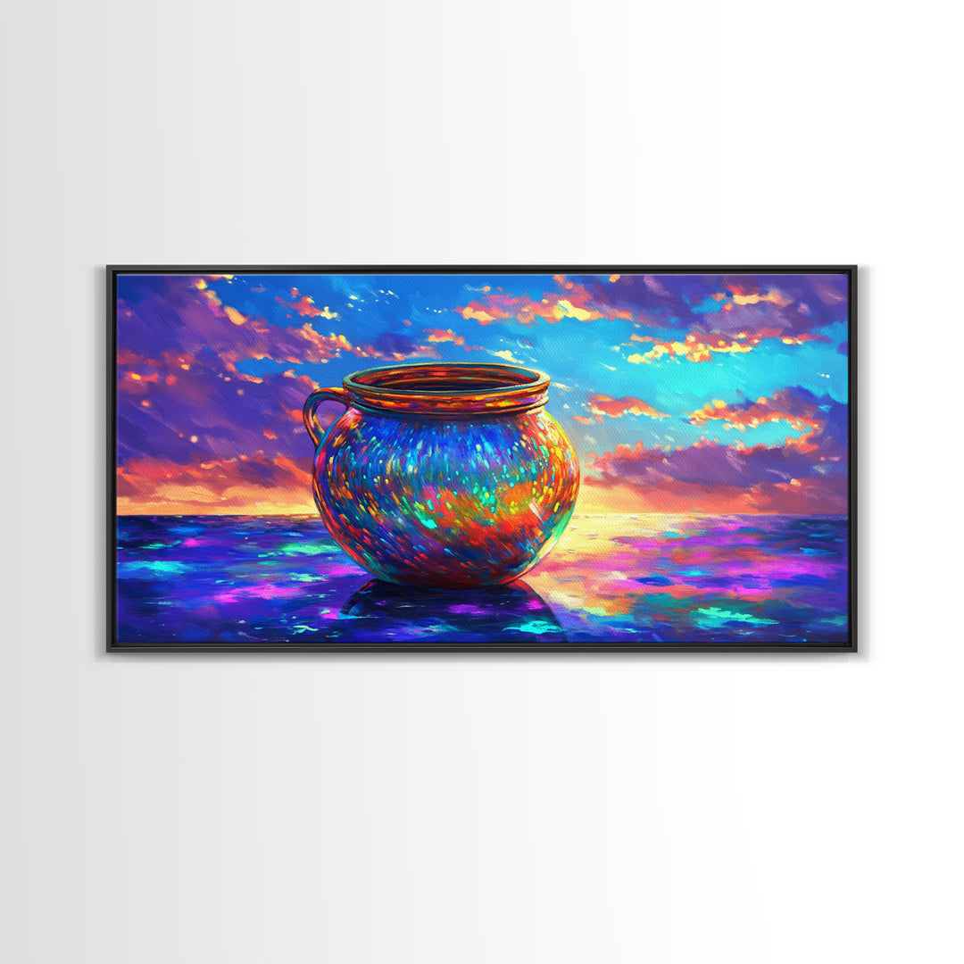 Iridescent Cauldron By Ocean Framed Canvas Print, Colorful Coastal Wall Art, Fantasy Seascape, Beach House Decor Gift Idea