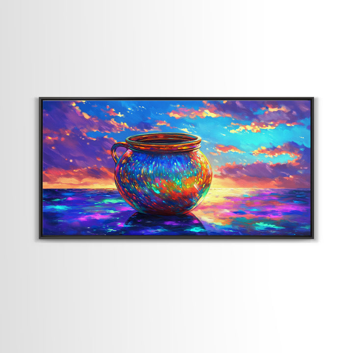 Iridescent Cauldron By Ocean Framed Canvas Print, Colorful Coastal Wall Art, Fantasy Seascape, Beach House Decor Gift Idea