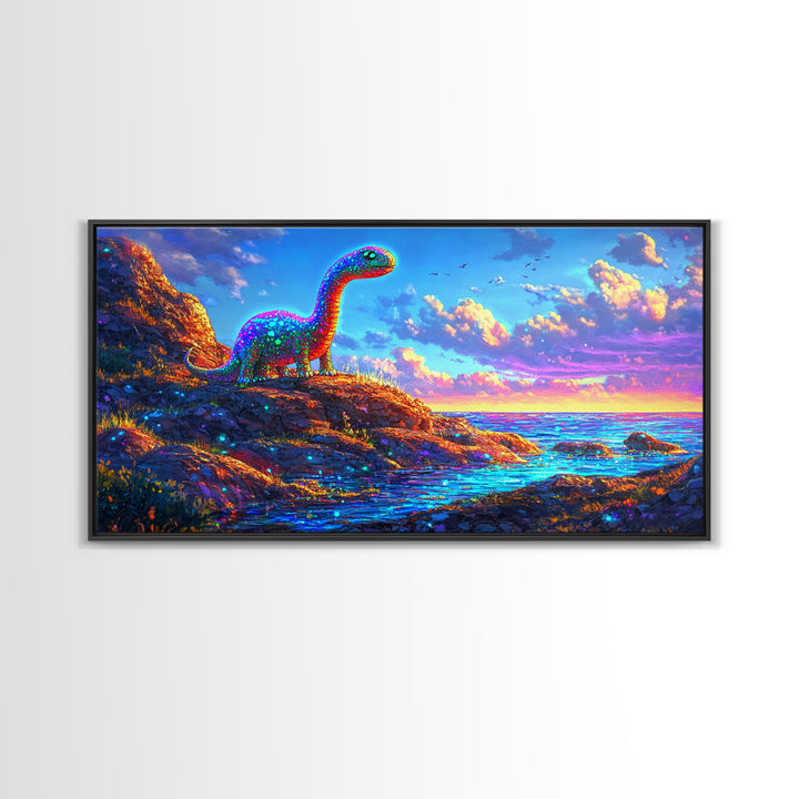 Sparkling Rainbow Dinosaur By Ocean Sunset Wall Art, Colorful Kids Room Decor, Whimsical Nursery Art, Coastal Fantasy Gift