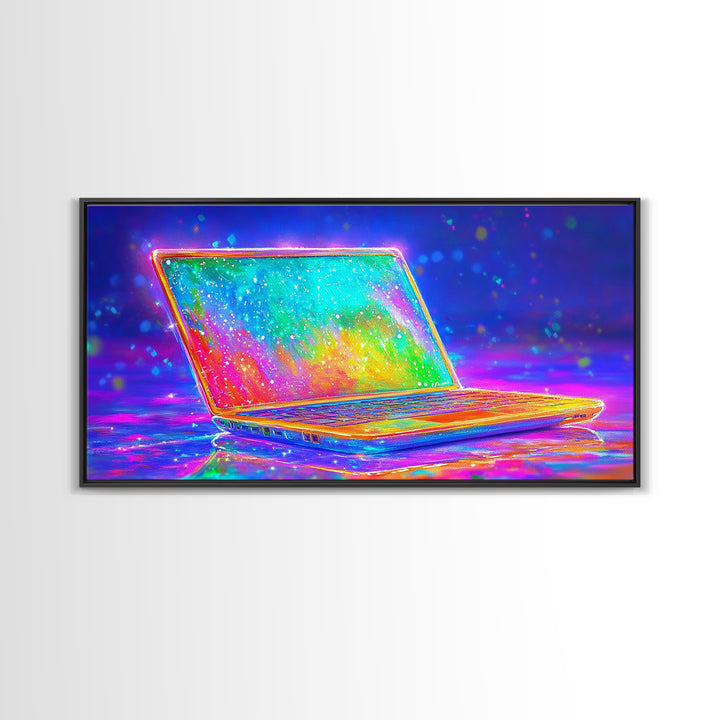 Neon Rainbow Laptop Canvas Print, Cyberpunk Office Wall Art, Tech Art, Gamer Room Decor, Futuristic Home Office Decor, Gift