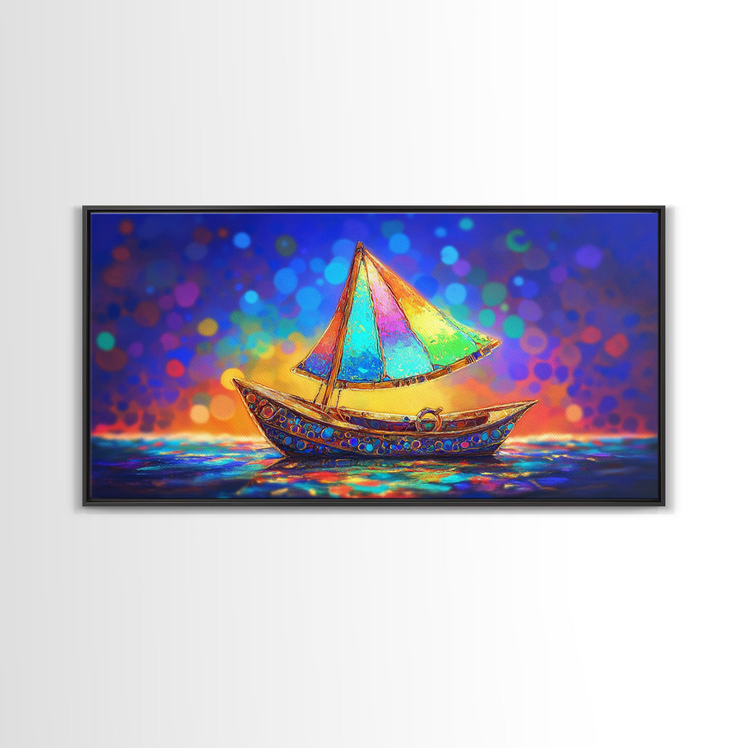 Glowing Rainbow Sailboat Canvas Print, Nautical Wall Art, Coastal Wall Decor, Ocean Nursery Decor, Beach House Decor, Seaside Art