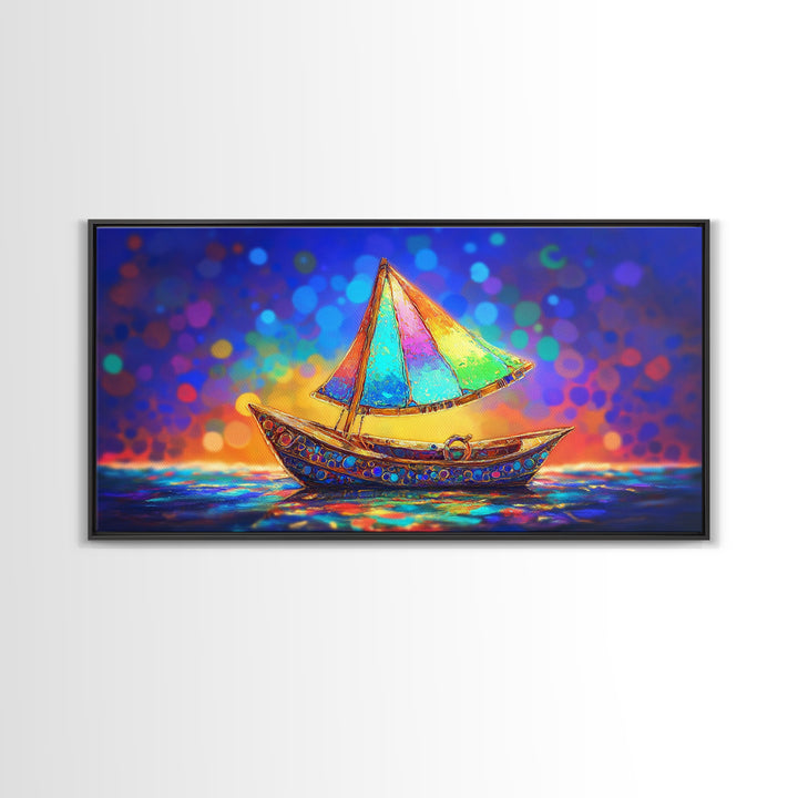 Glowing Rainbow Sailboat Canvas Print, Nautical Wall Art, Coastal Wall Decor, Ocean Nursery Decor, Beach House Decor, Seaside Art