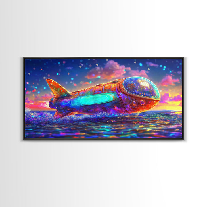 Rainbow Rocket Submarine Canvas Print, Futuristic Ocean Wall Art, Sci Fi Wall Decor, Space Lover Gift, Coastal Nursery Art