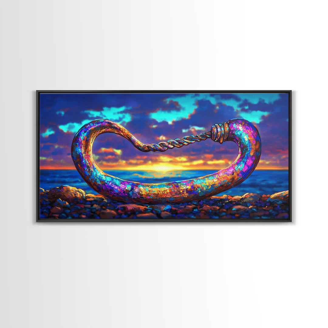 Iridescent Coastal Hook Framed Canvas Print, Nautical Wall Art, Ocean Wall Decor, Beach House Decor, Fisherman Gift, Seascape Art