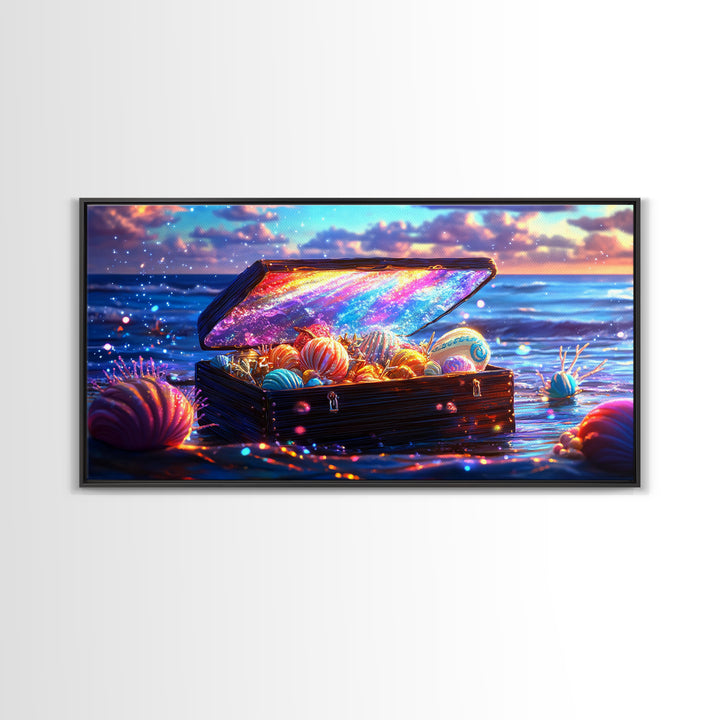 Glowing Sea Treasure Chest With Seashells Canvas Print, Coastal Wall Art, Beach House Decor, Ocean Art, Fantasy Gift, Home Decor