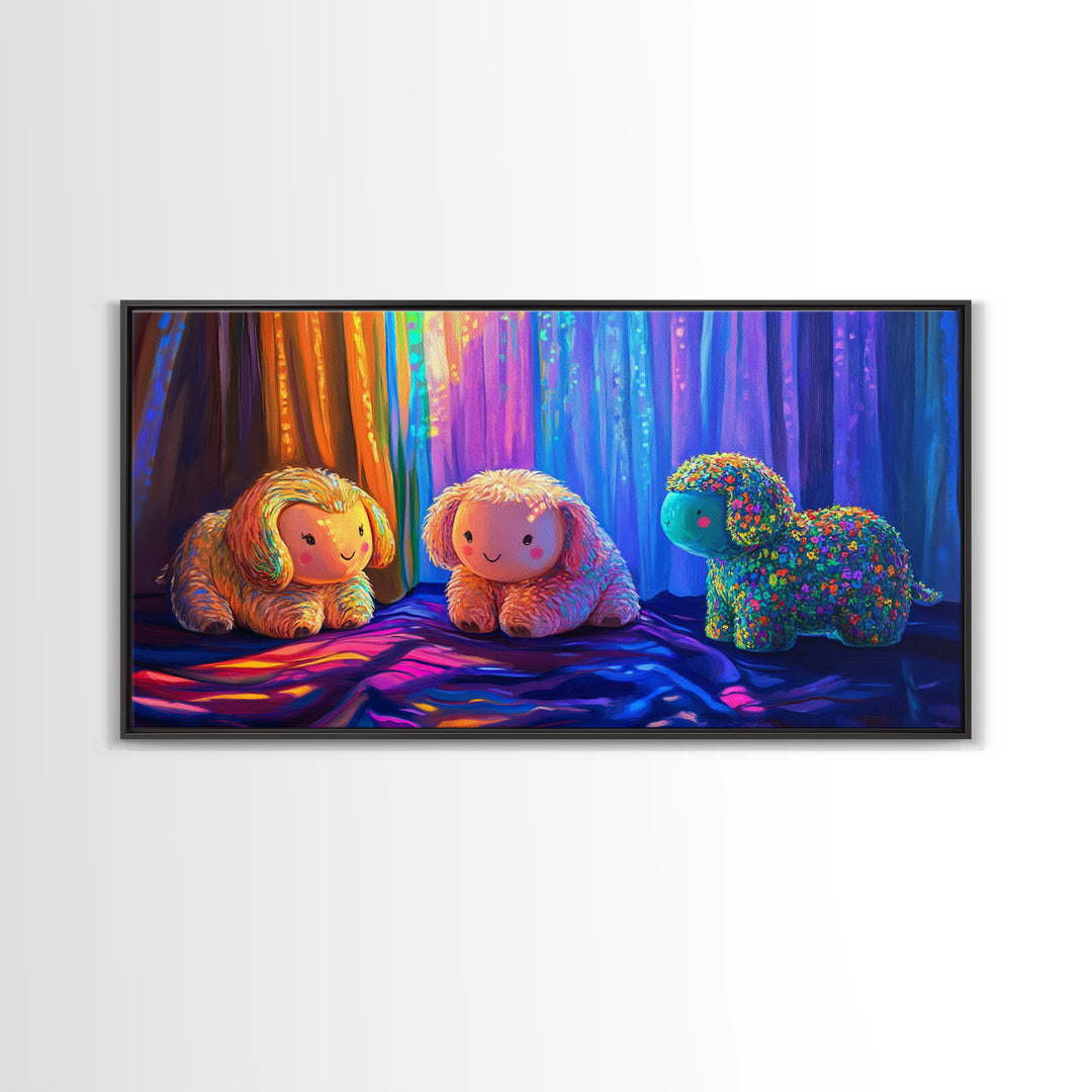 Smiling Plush Animals In Rainbow Curtain Glow Wall Art, Whimsical Animal Art, Nursery Decor, Kids Room Decor, Baby Gift, Cute Art