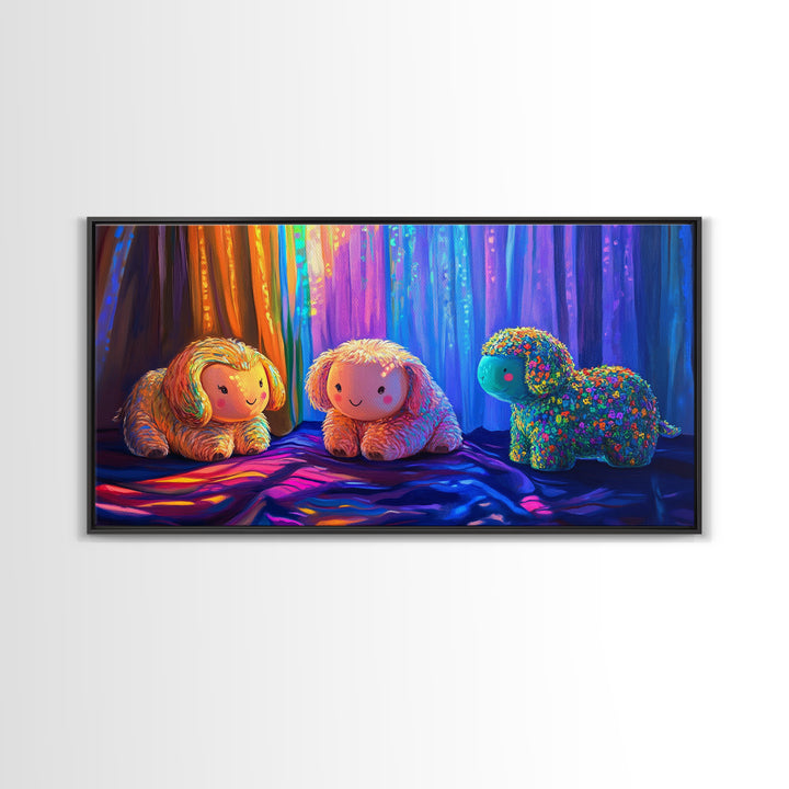 Smiling Plush Animals In Rainbow Curtain Glow Wall Art, Whimsical Animal Art, Nursery Decor, Kids Room Decor, Baby Gift, Cute Art