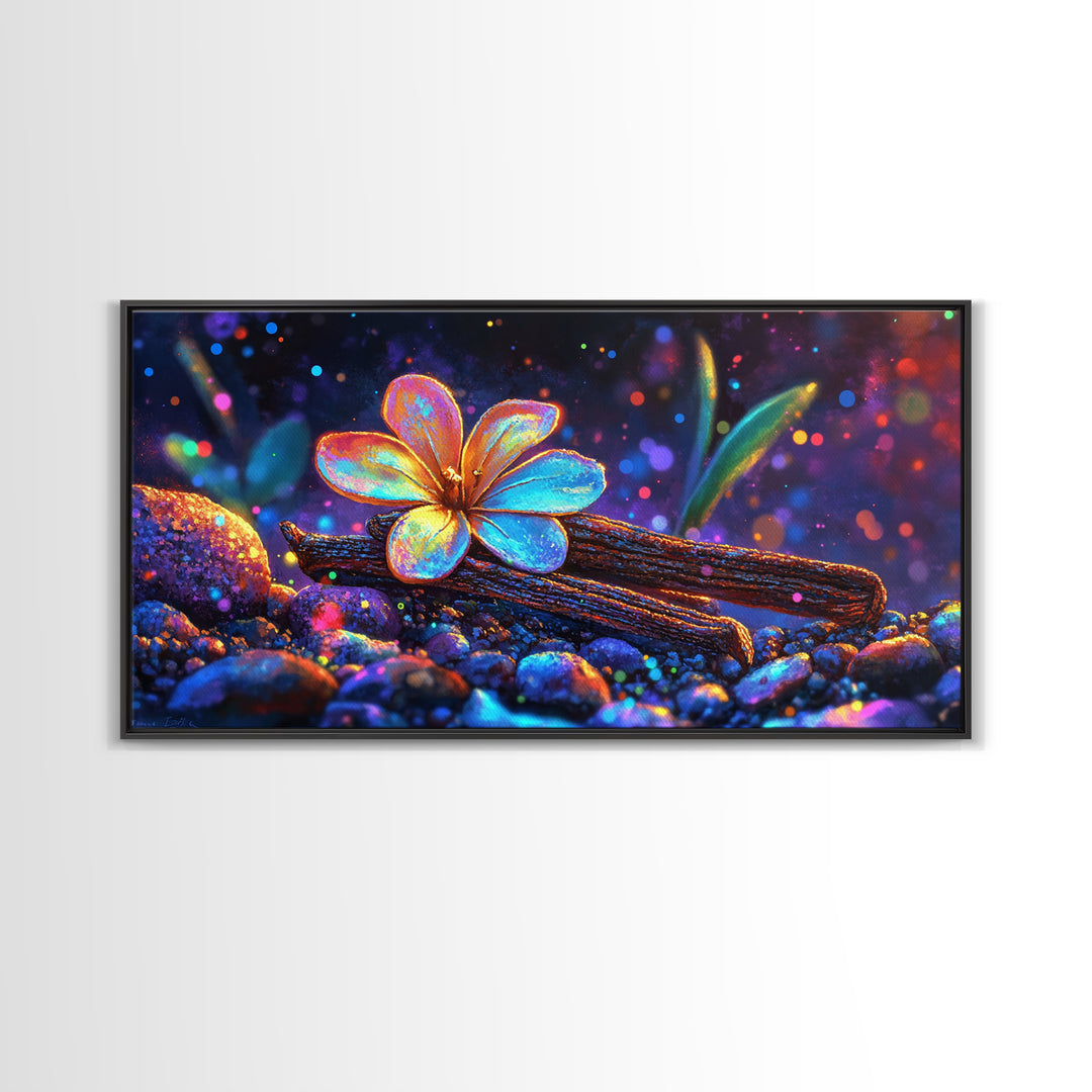 Glowing Flower On Driftwood Pebbles Framed Canvas Print, Nature Wall Art, Whimsical Decor, Botanical Art, Unique Gift, Home Decor