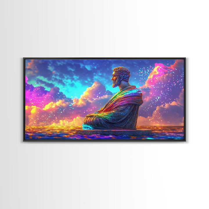 Rainbow Buddha Statue At Ocean Sunset Wall Art, Meditation Room Decor, Spiritual Wall Art, Yoga Studio Decor, Zen Home Decor