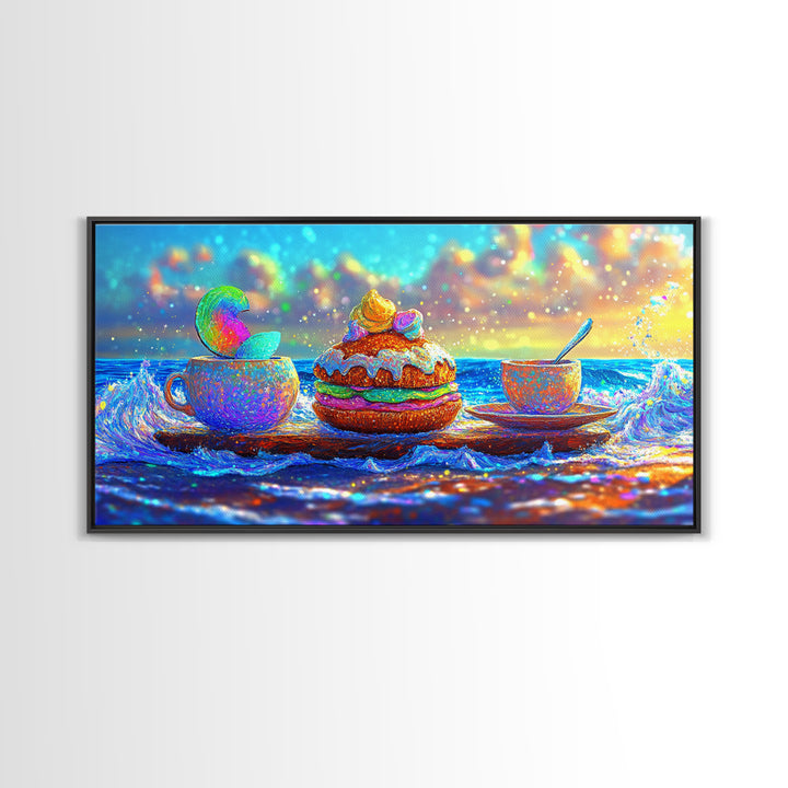 Whimsical Ocean Tea Cup And Macaron Canvas Print, Bakery Wall Art, Coastal Kitchen Decor, Dessert Art Gift For Her, Cafe Wall Decor