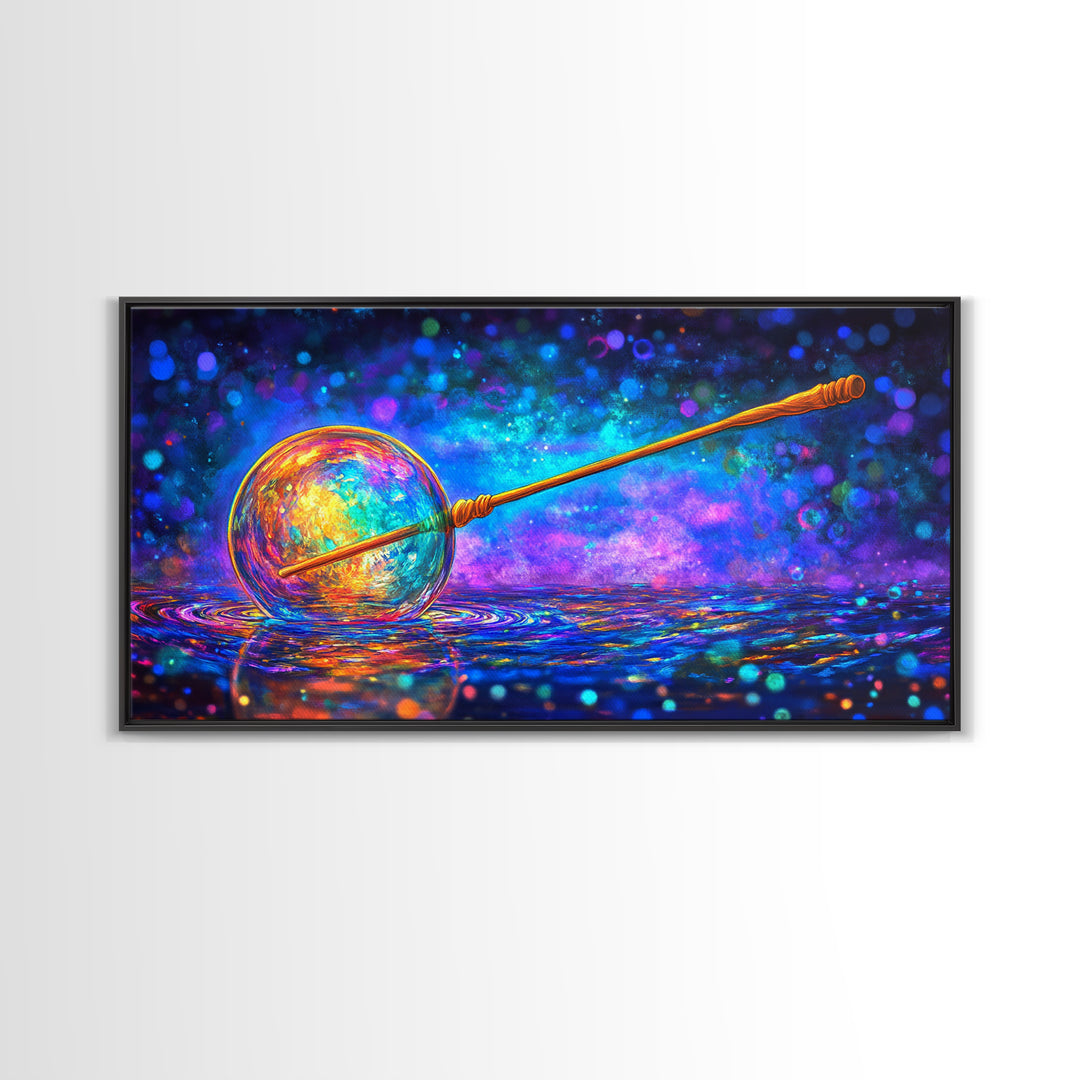 Glowing Cosmic Orb And Golden Wand Canvas Print, Mystical Celestial Wall Art, Modern Fantasy Home Decor, Witchy Gift For Her