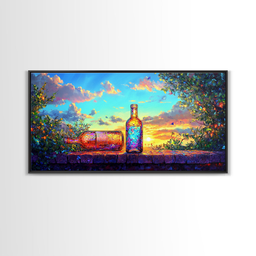 Sunset Garden Bottles On Stone Wall Framed Canvas Print, Colorful Wine Wall Art, Rustic Kitchen Decor, Housewarming Gift